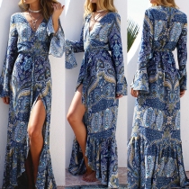 Bohemian Style Long Sleeve Deep V-neck Slit Hem Printed Beach Dress