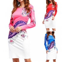 Fashion Long Sleeve Round Neck Contrast Color Printed Slim Fit Dress
