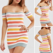 Sexy Off-shoulder Short Sleeve Slim Fit Striped Knit Dress