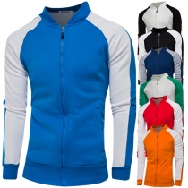 Fashion Contrast Color Long Sleeve Stand Collar Men's Sweatshirt