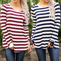 Fashion Printed Spliced Long Sleeve Round Neck Striped T-shirt