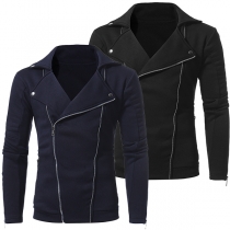 Fashion Solid Color Long Sleeve Slim Fit Oblique Zipper Men's Coat
