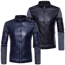 Fashion Denim Spliced Long Sleeve Stand Collar Slim Fit Men's PU Leather Jacket