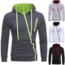 Fashion Solid Color Long Sleeve Oblique Zipper Hooded Men's Sweatshirt 