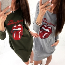 Cute Red-lip Printed Long Sleeve Round Neck T-shirt Dress