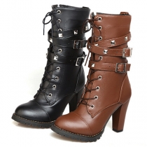 Retro Style Round Toe Thick High-heeled Rivets Lace-up Martin Boots