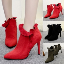 Elegant Solid Color Pointed Toe High-heeled Ruffle Ankle Boots Booties