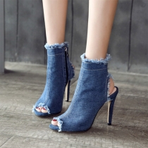 Chic Style High-heeled Peep Toe Hollow Out Denim Booties