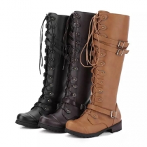 Fashion Flat Heel Round Toe Lace-up Knee-length Boots
