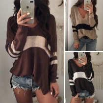Fashion Contrast Color Long Sleeve V-neck Loose Sweater