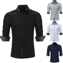 Fashion Contrast Color Long Sleeve POLO Collar Slim Fit Men's Shirt