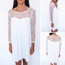 Sexy Hollow Out Lace Spliced Long Sleeve Round Neck Loose Dress