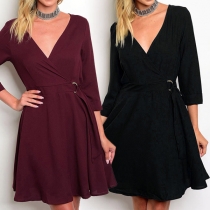 Sexy Deep V-neck Long Sleeve Solid Color Dress
