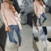 Fashion Solid Color Long Sleeve Lace-up High-low Hem Hoodie 
