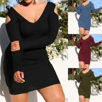 Sexy Off-shoulder Long Sleeve Round Neck Solid Color Tight Dress