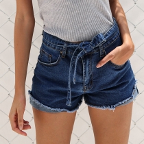 Fashion Lace-up Bowknot High Waist Slim Fit Denim Shorts