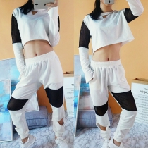 Sexy Gauze Spliced Long Sleeve Crop Top + Hollow out Pants Two-piece Set
