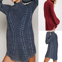 Fashion Solid Color Long Sleeve Turtleneck Arc Hem Sweater