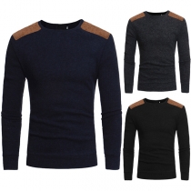 Fashion Imitation Suede Spliced Long Sleeve Round Neck Men's Knit Top