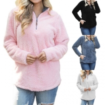 Fashion Solid Color Long Sleeve Stand Collar Plush Sweatshirt