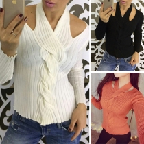 Sexy Off-shoulder Long Sleeve Solid Color Halter Knit Top