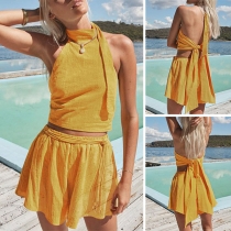 Sexy Backless Halter Crop Top + Shorts Solid Color Two-piece Set