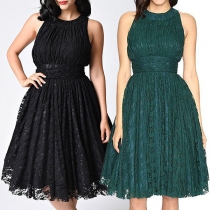 Elegant Solid Color Sleeveless Round Neck High Waist Lace Dress