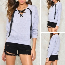 Sexy Lace-up V-neck Long Sleeve Solid Color Sweatshirt 