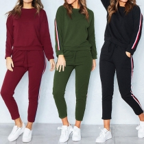 Fashion Contrast Color Striped Spliced Long Sleeve Round Neck Sports Suit（Size Run Small）