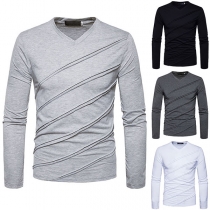 Simple Style Long Sleeve V-neck Solid Color Men's T-shirt