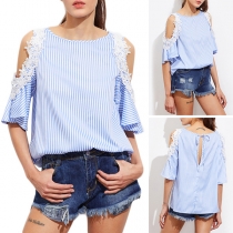 Sexy Off-shoulder Lace Spliced Trumpet Sleeve Round Neck Striped Top