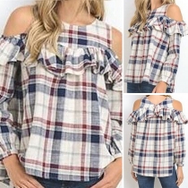 Sexy Off-shoulder Long Sleeve Round Neck RUffle Plaid Blouse