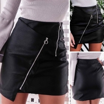 Fashion Solid Color High Waist Irregular Hem PU Leather Skirt 