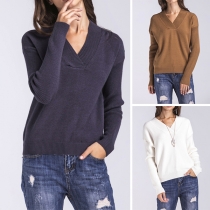 Fashion Solid Color Long Sleeve V-neck Sweater