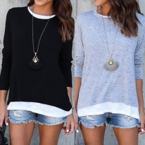 Fashion Contrast Color Long Sleeve Round Neck Mock Two-piece T-shirt