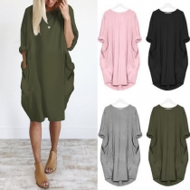 Fashion Solid Color Long Sleeve Round Neck Loose Dress