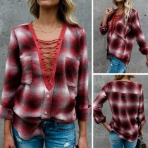 Sexy Lace-up Deep V-neck Long Sleeve Plaid Blouse