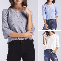 Fashion Solid Color 3/4 Sleeve Round Neck Hollow Out Sweater