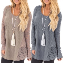 Fashion Lace Spliced Long Sleeve Round Neck Solid Color Sweater