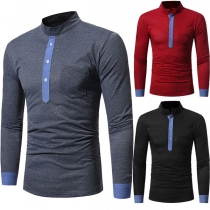 Fashion Contrast Color Long Sleeve Stand Collar Men's T-shirt