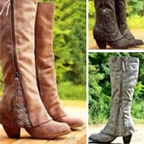 Fashion Thick Heel Round Toe Lace Spliced Side-zipper Boots