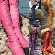 Fashion Solid Color Round Toe Flat Heel Lace-up Over-the-knee Boots