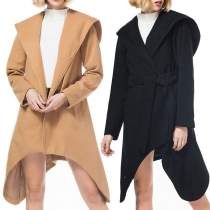 Fashion Solid Color Long Sleeve Irregular Hem Coat with Waist Strap