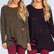 Chic Style Long Sleeve Round Neck Hollow Out Ripped T-shirt