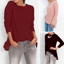 Fashion Solid Color Long Sleeve  Chiffon Spliced High-low Hem Sweater