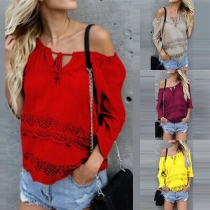 Sexy Off-shoulder Boat Neck Long Sleeve Lace Spliced Top 