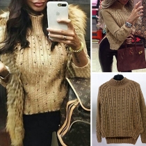 Fashion Solid Color Long Sleeve Mock Neck High-low Hem Beaded Sweater
