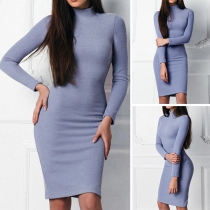 Fashion Solid Color Long Sleeve High Neck Slim Fit Dress