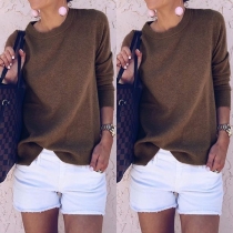 Fashion Solid Color Long Sleeve Round Neck High-low Hem Knit Top