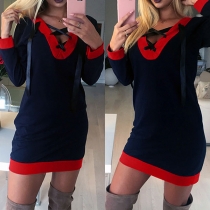 Sexy Lace-up Deep V-neck Contrast Color Long Sleeve Slim Fit Dress